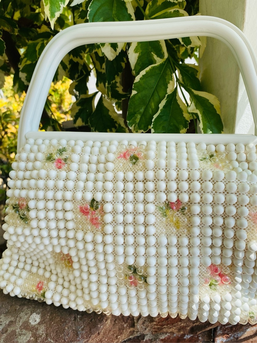 Vintage Grande’s Boutique White Beaded Floral Box Purse Top Handle Handbag